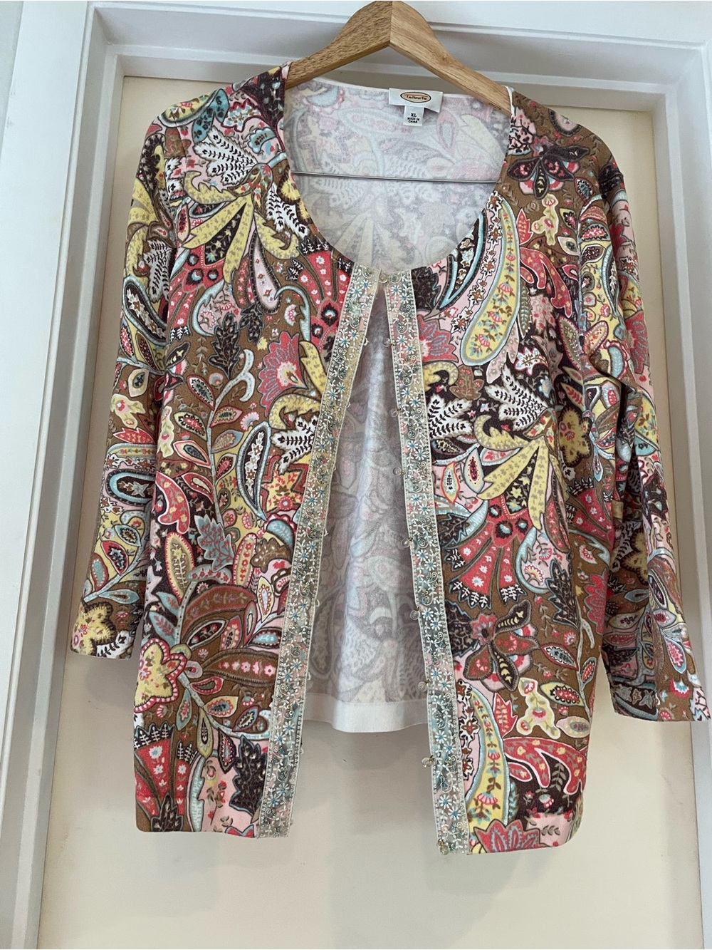 Talbots Multicolor Paisley Open Front Cardigan - Brown Pink Yellow Blue